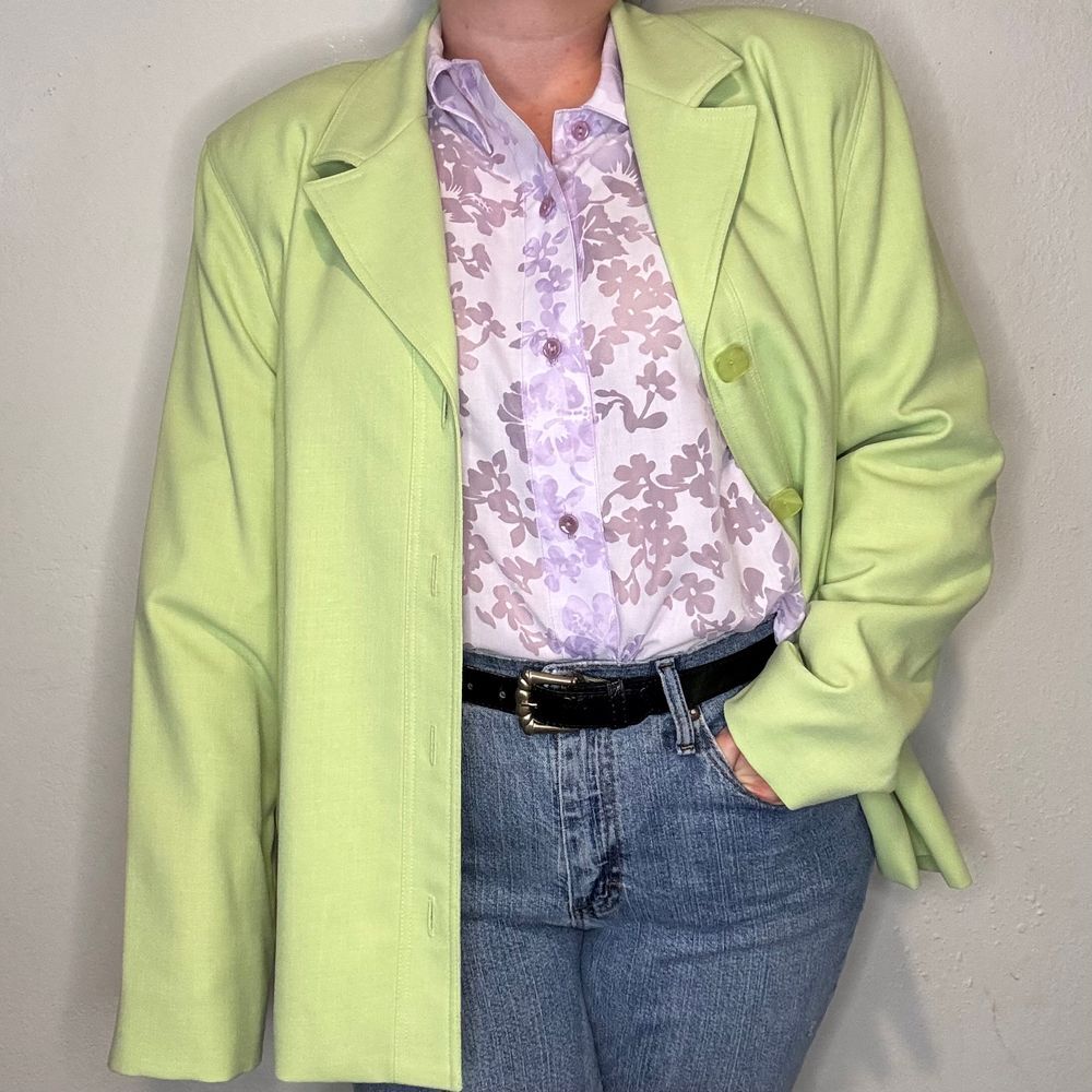 Vtg Da-Rue California Pastel Green Blazer‎ Shoulder Pads 4 Buttons Sz 18 Women's